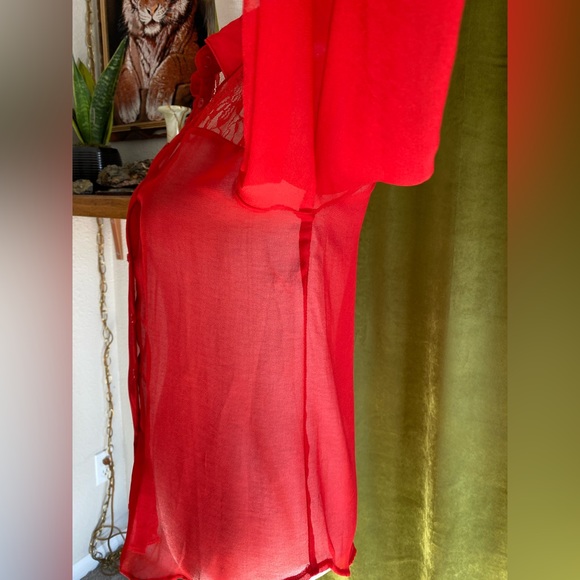 Vintage Red Blouse ❤️ Sheer, Long-Sleeve, Button Up - Picture 9 of 9